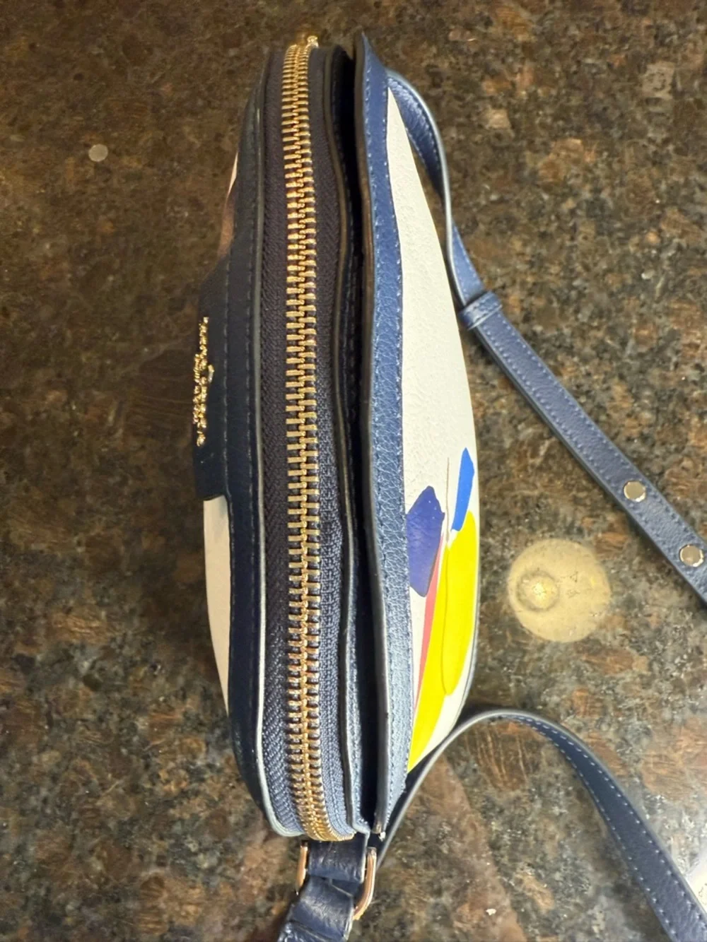 kate spade White Lemon Print Dome Crossbody with Navy Trim